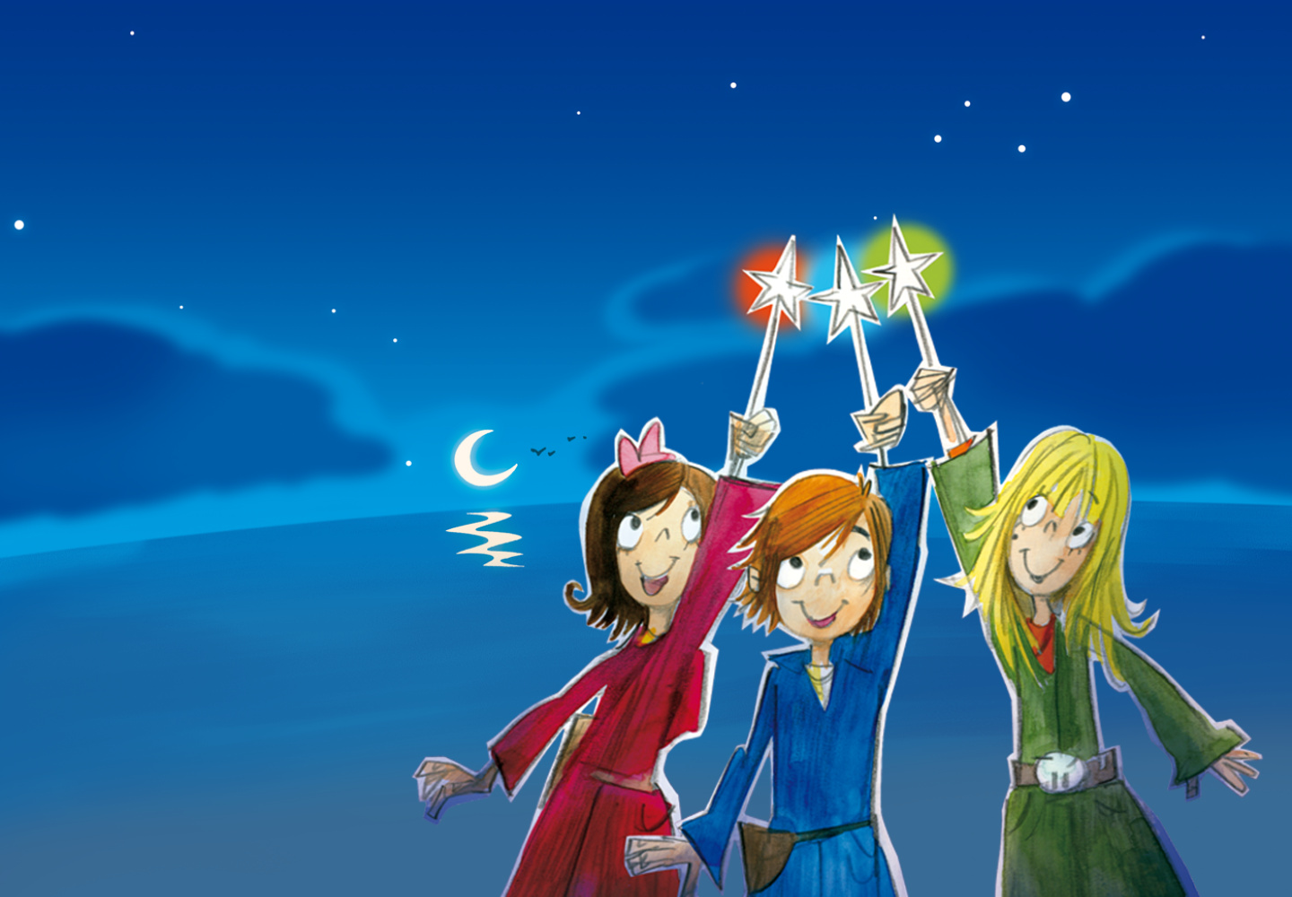 drei Figuren, die drei Magier zaubern vor Sternenhimmel 